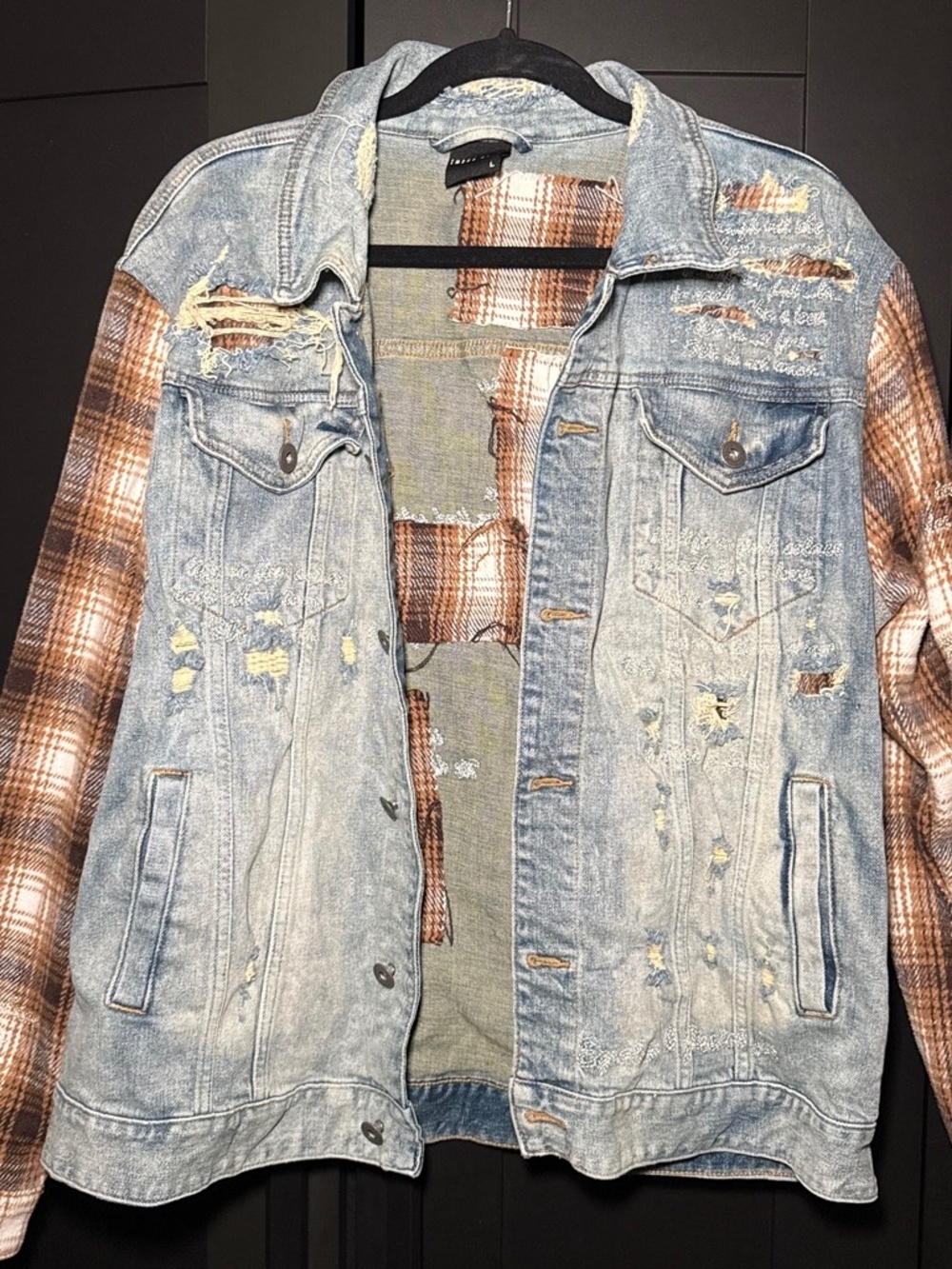 Smoke Rise Distressed Denim Jacket Plaid Sleeve
